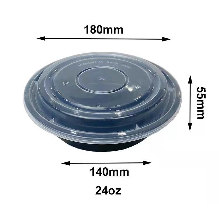 24oz Black Microwave Safe Plastic Food Container, Round Salad Box with Lid